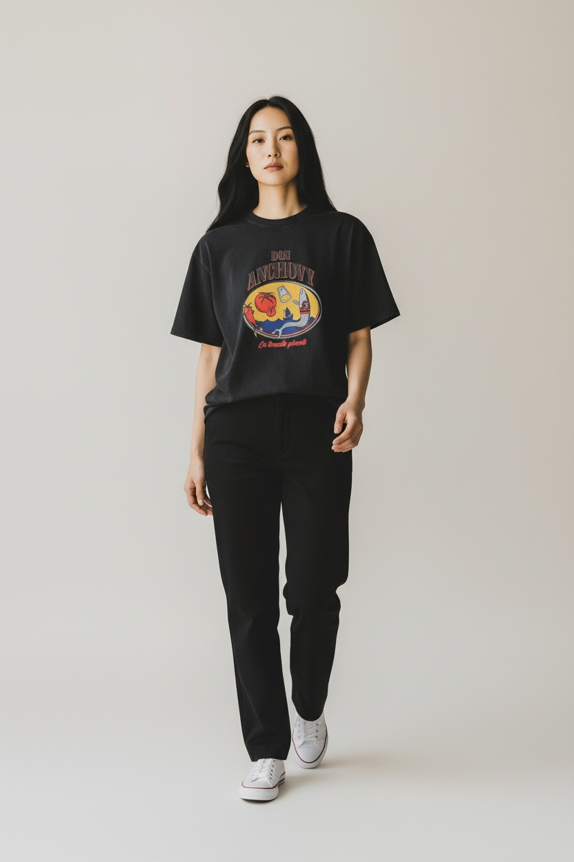 Charizma - Unisex Βαμβακερό Μαύρο Μακό T-Shirt Oversized με Στάμπα Don Anchovy