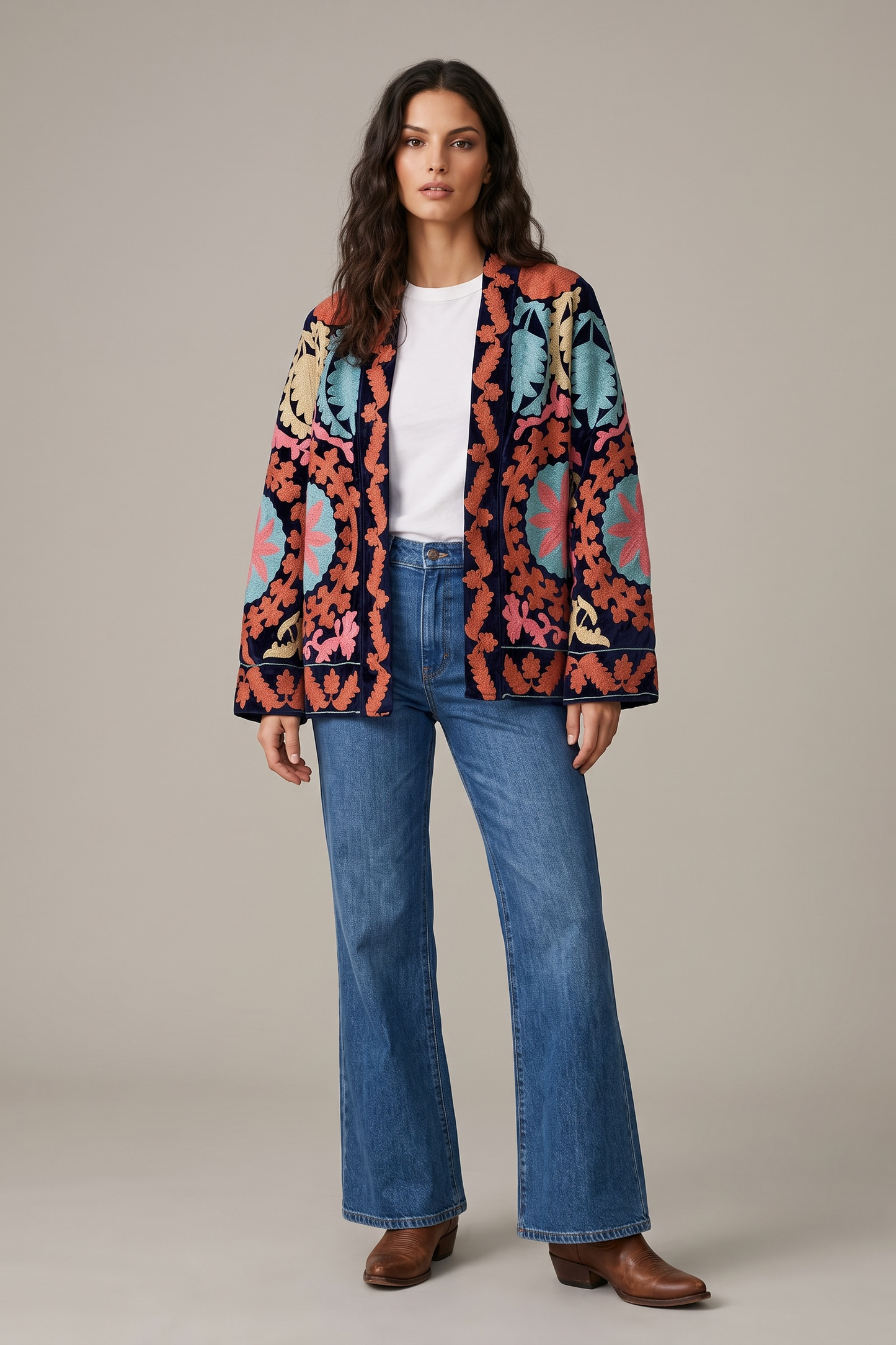 Charizma - Βελούδινο Κεντητό Jacket με Πολύχρωμα Floral Μοτίβα
