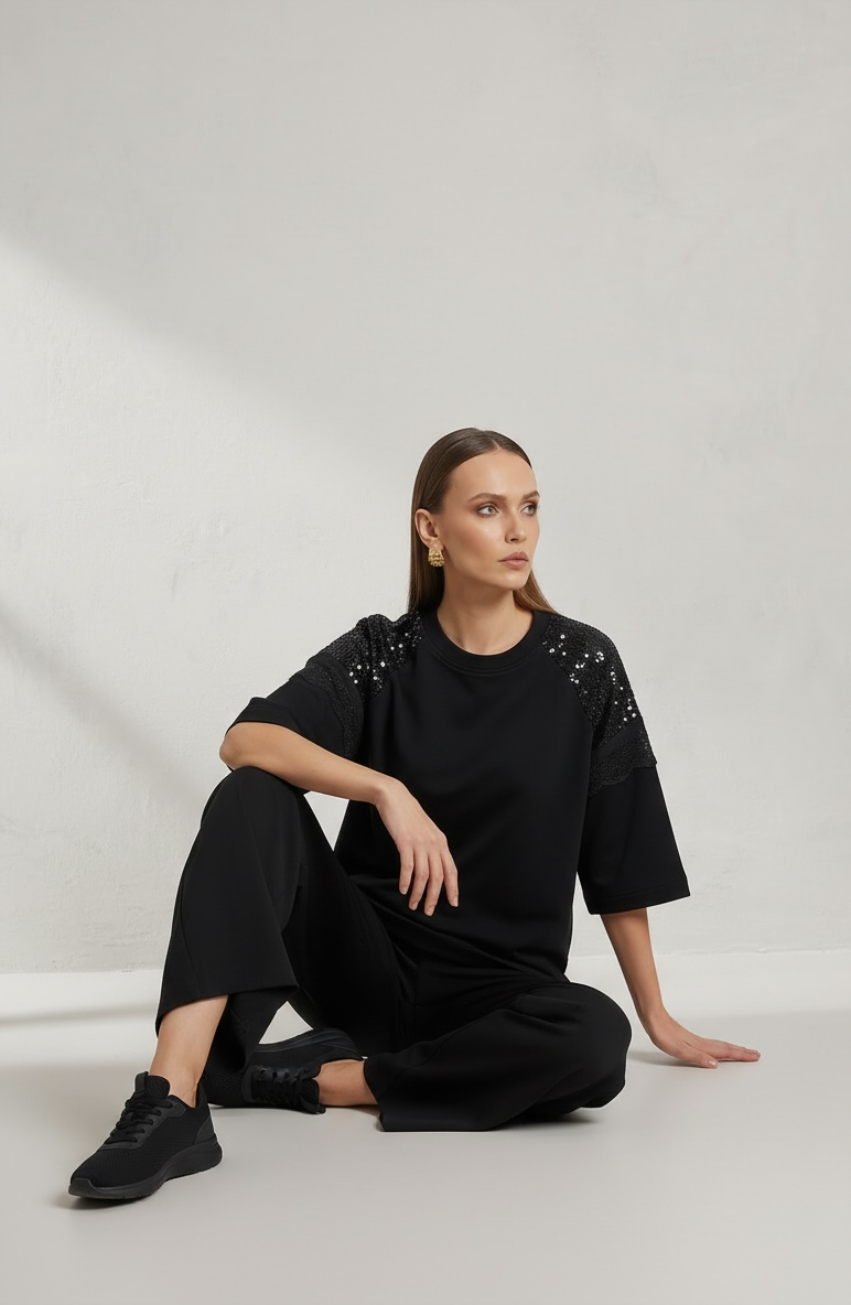 Figaro - Μπλούζα με Δαντέλα & Παγιέτες στους Ώμους Μαύρη