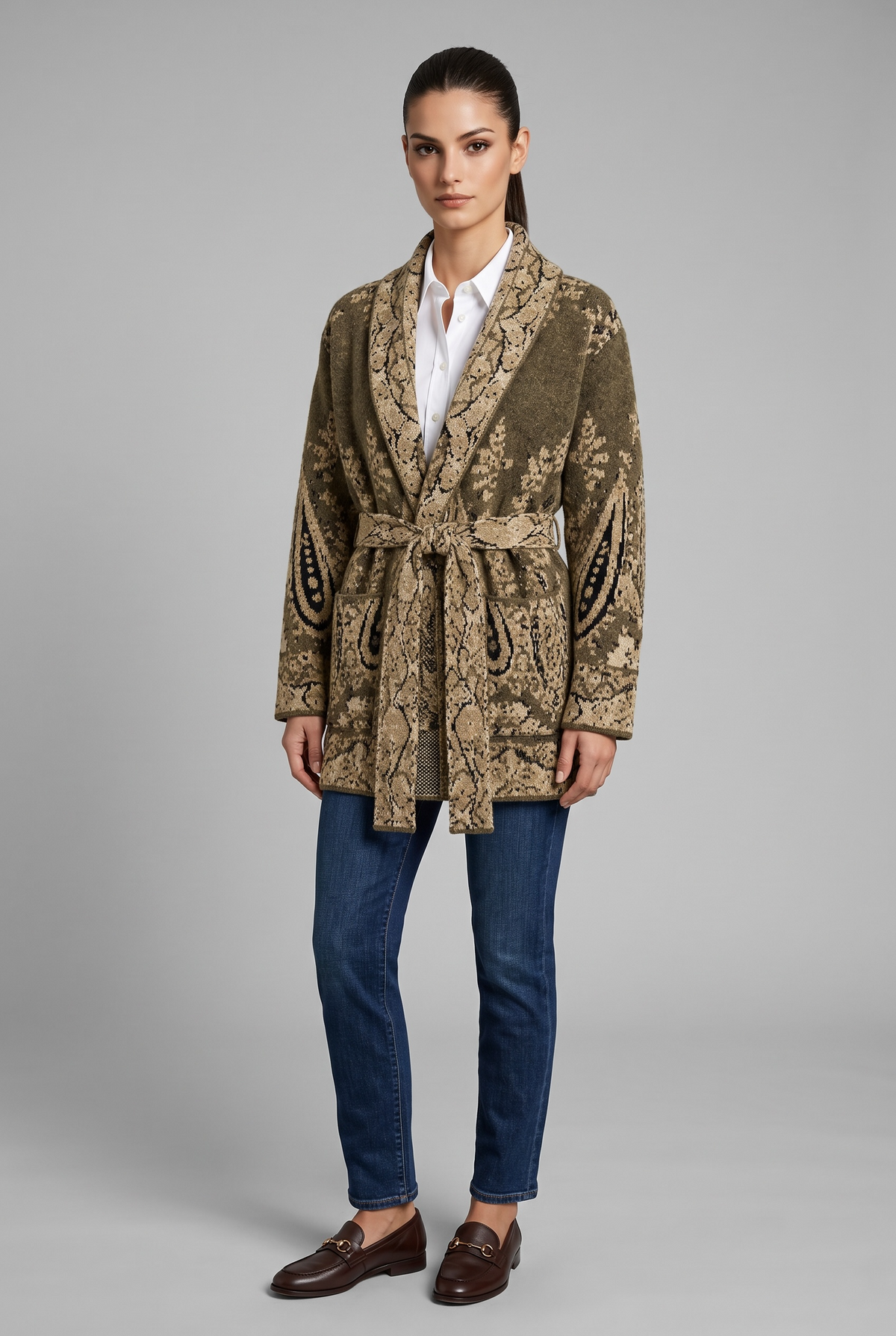 An'ge - Nadini Taupe Πλεκτή Ζακέτα Kimono Jacquard με Ζώνη