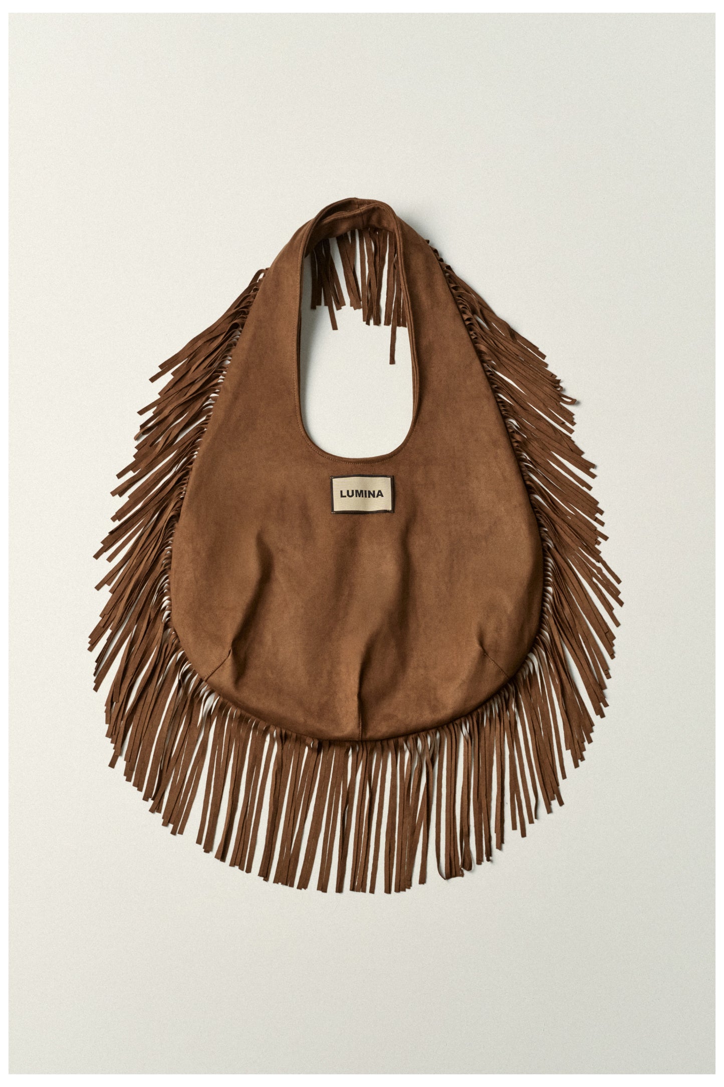 Lumina- Fringe Τσάντα Suede με Μεταξένια Σατέν Επένδυση Καμηλό