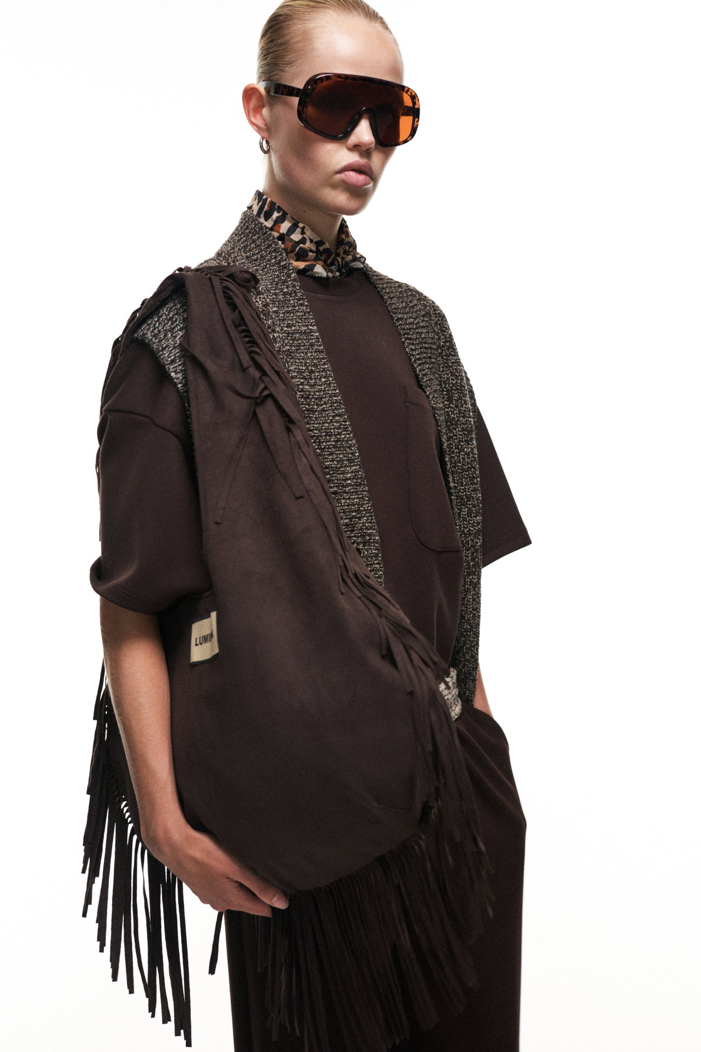 Lumina- Fringe Τσάντα Suede με Μεταξένια Σατέν Επένδυση Καφέ