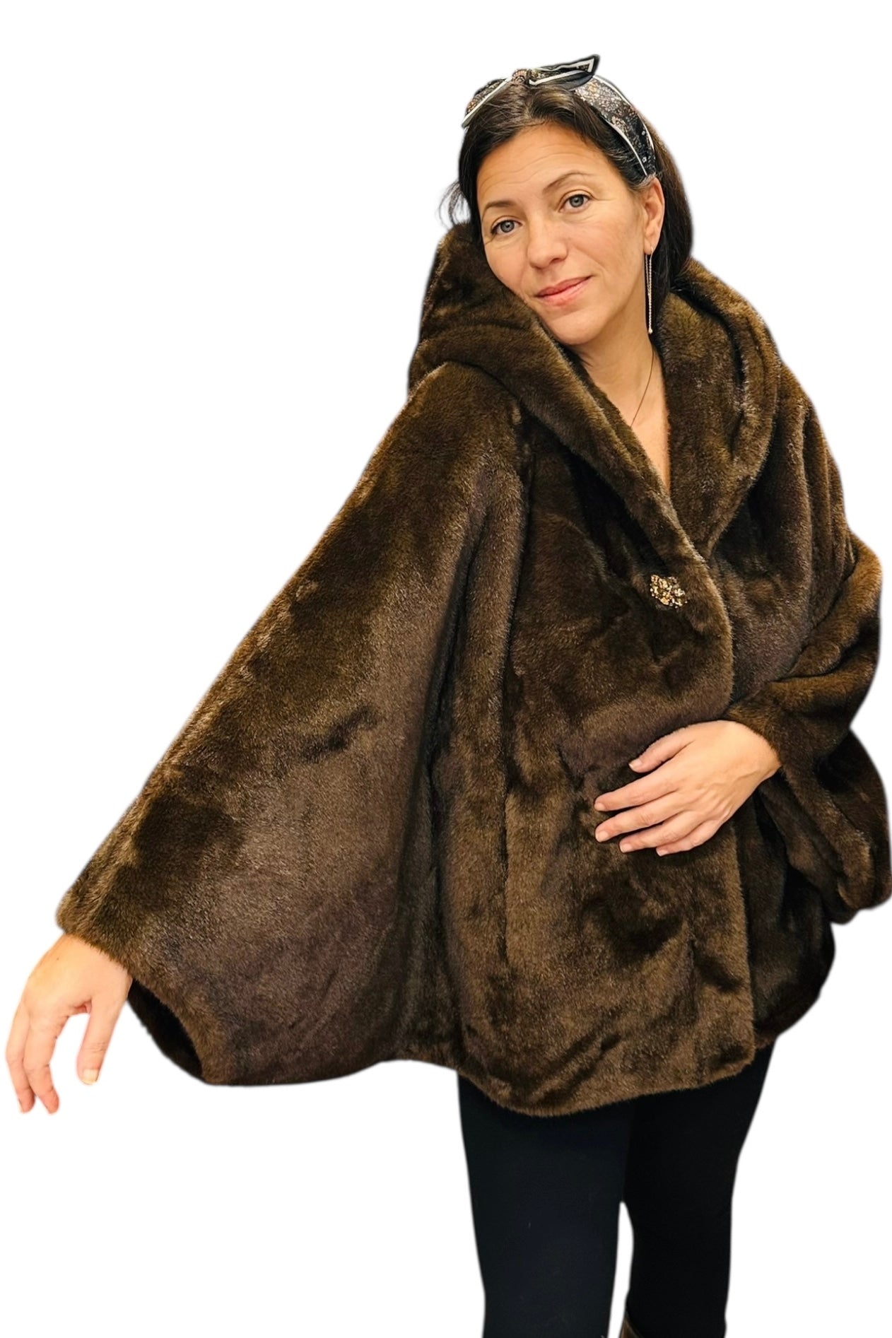 Charizma - Συνθετική Γούνα με Κουκούλα, Τσέπες σε Στυλ Κάπας Καφέ