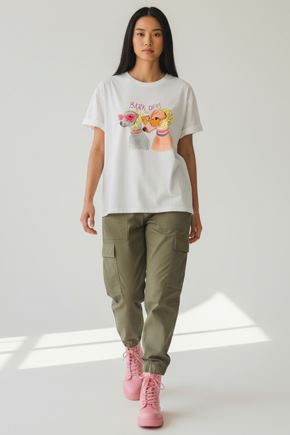 Charizma - Λευκό Μακό T- shirt Oversized Με Στάμπα Bark Off!
