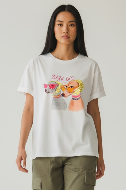 Charizma - Λευκό Μακό T- shirt Oversized Με Στάμπα Bark Off!