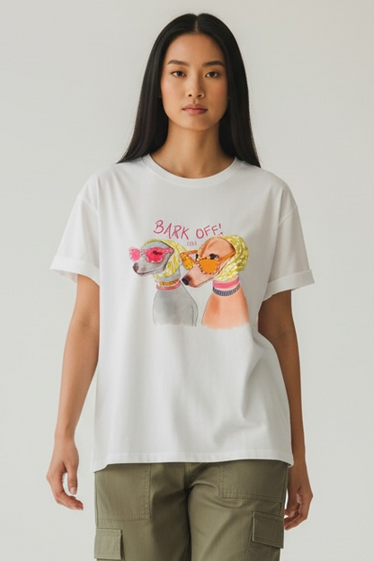 Charizma - Λευκό Μακό T- shirt Oversized Με Στάμπα Bark Off!