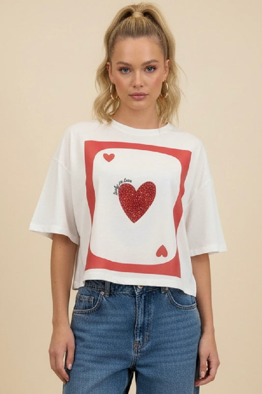 Unitee - Λευκό Μακό T-Shirt με Στάμπα crop «Lucky in Love» Λευκό
