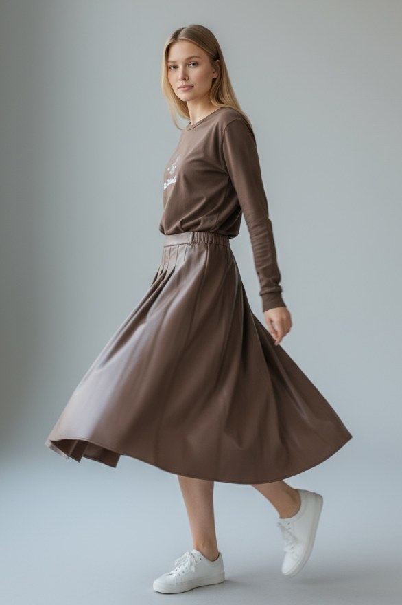 Charizma - Δερματίνη Φούστα με Πιέτες Καφέ