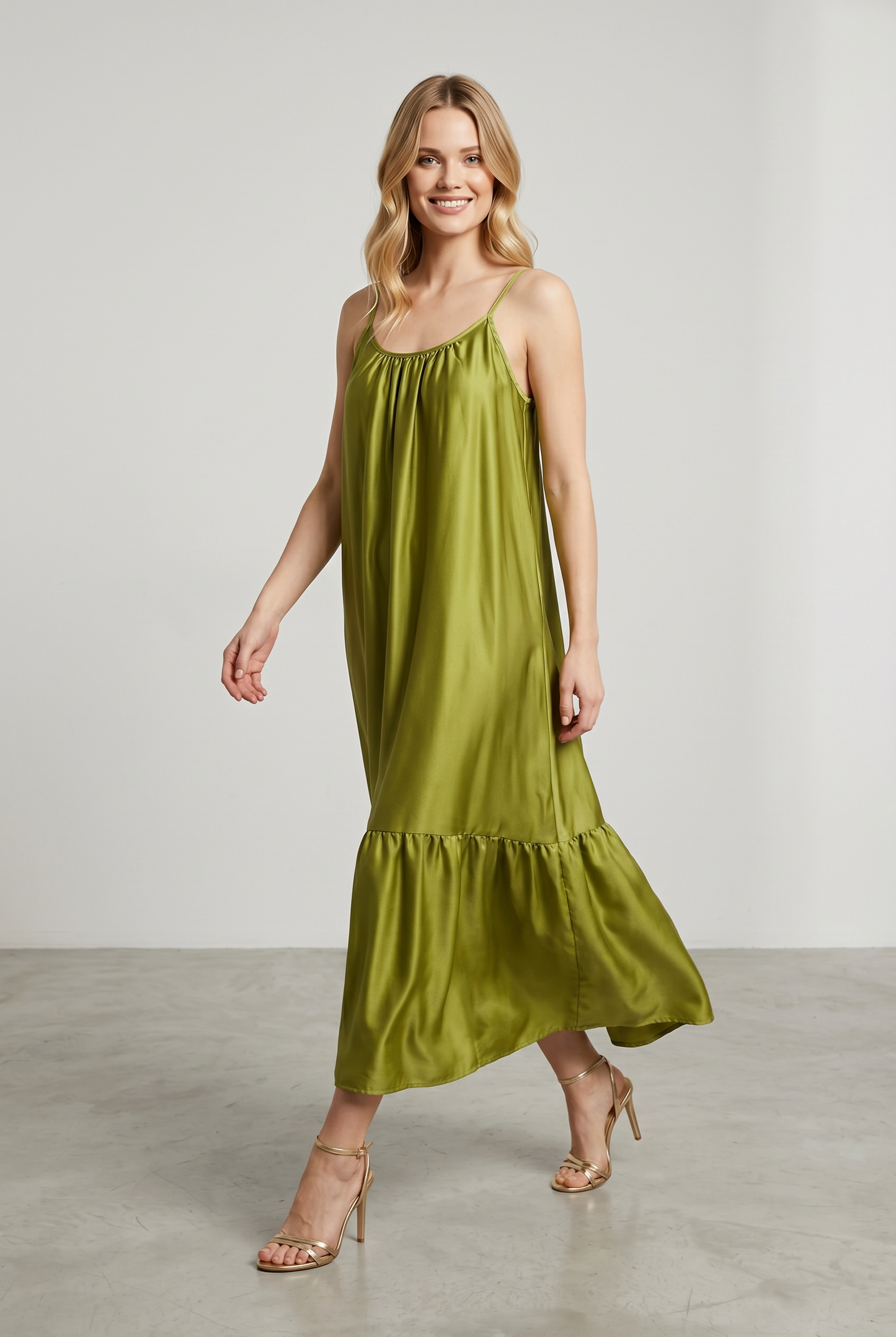 Charizma - Φόρεμα Silk-Touch Maxi με Τιραντάκι Λαχανί