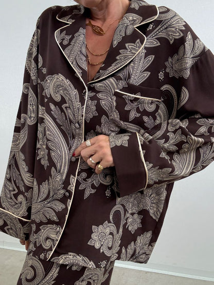 Lumina - PJ Chic Style Σετ Παντελόνα με Πουκαμίσα σε Λαχούρια Καφέ