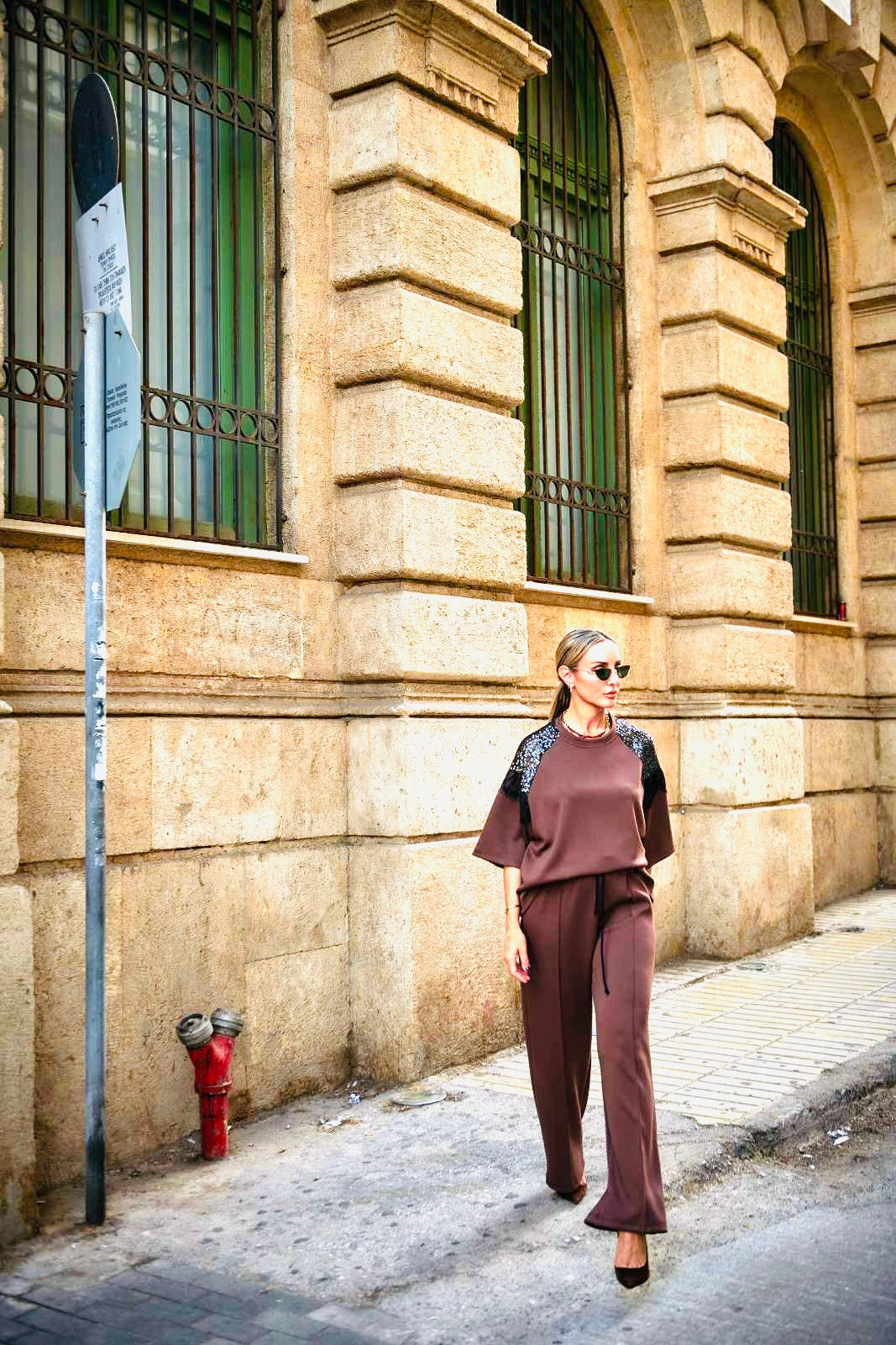 Figaro - Φαρδιά Παντελόνα Καφέ με Λάστιχο & Ρίγα στο Πλάι