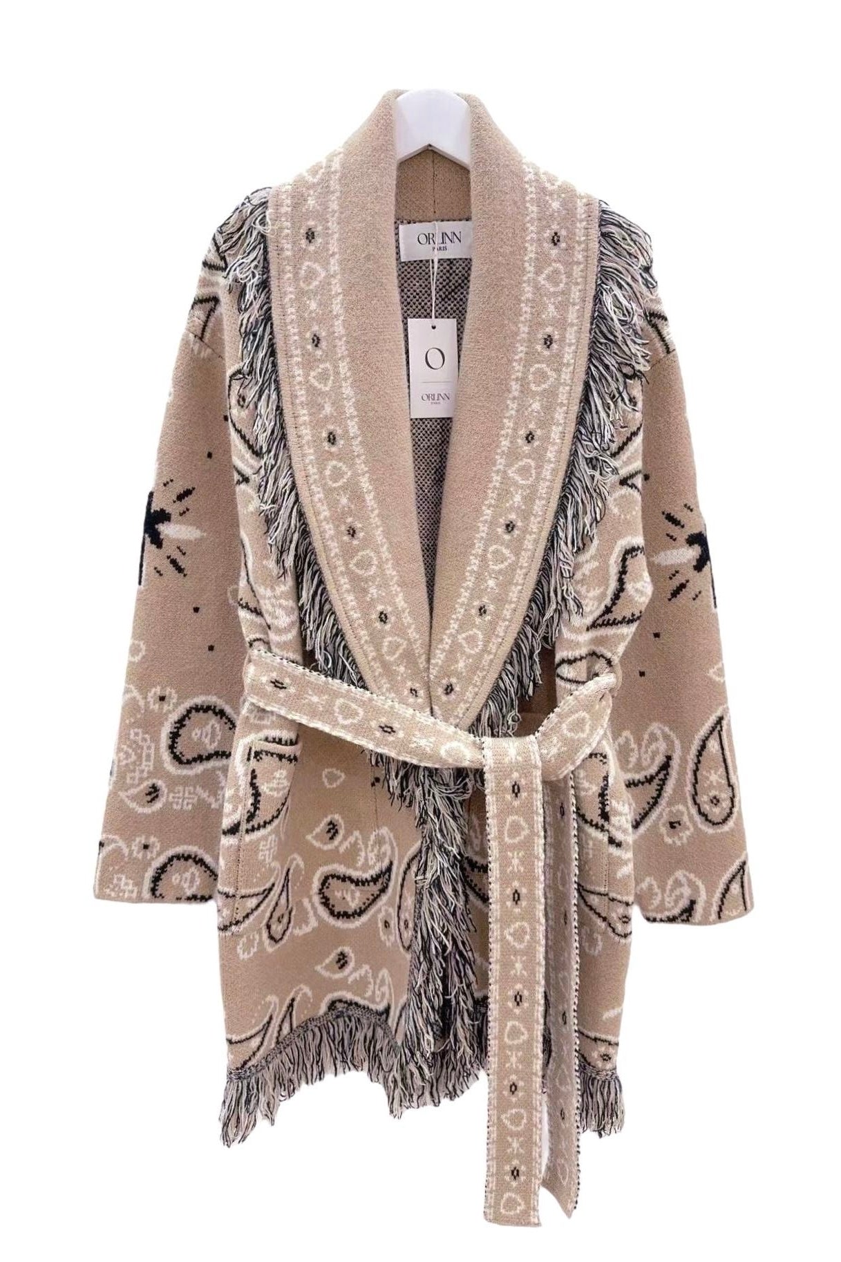 Orlinn - Ζακέτα Παλτό Boho Chic με Κρόσσια & Ζώνη Μπεζ