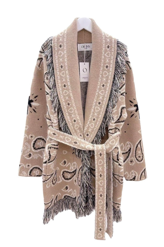 Orlinn - Ζακέτα Παλτό Boho Chic με Κρόσσια & Ζώνη Μπεζ