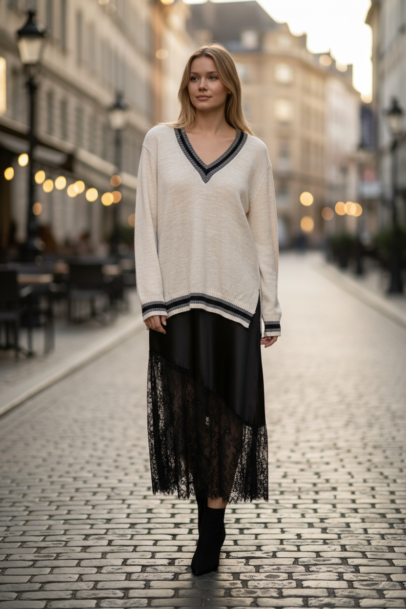 Charizma - Σατέν Μακριά Φούστα με Δαντέλα Διαγώνια στο Τελείωμα Μαύρη