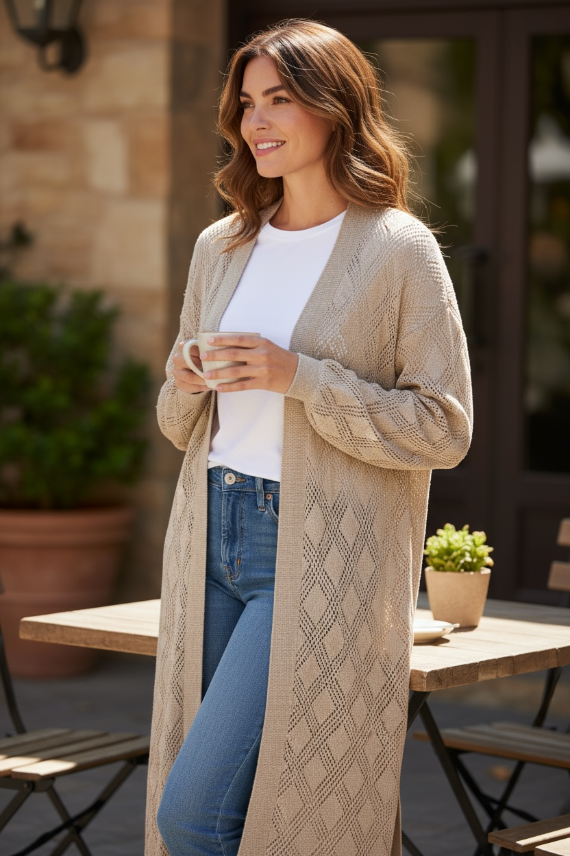 Eighty2 by Figaro - Μακριά Πλεκτή Ζακέτα με Ζώνη Χρυσό Lurex