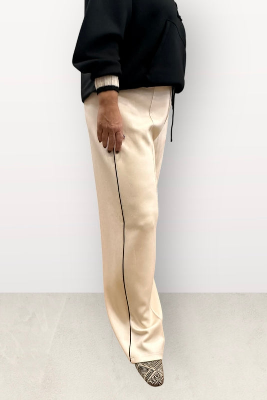 Figaro - Φαρδιά Παντελόνα Μπεζ με Λάστιχο & Μαύρη Ρίγα στο Πλάι