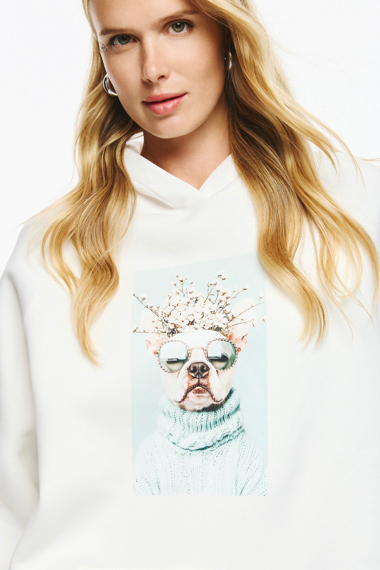 Unitee- Φούτερ Μπλούζα Λευκό με Κουκούλα με Γαλλικό Μπουλντόγκ