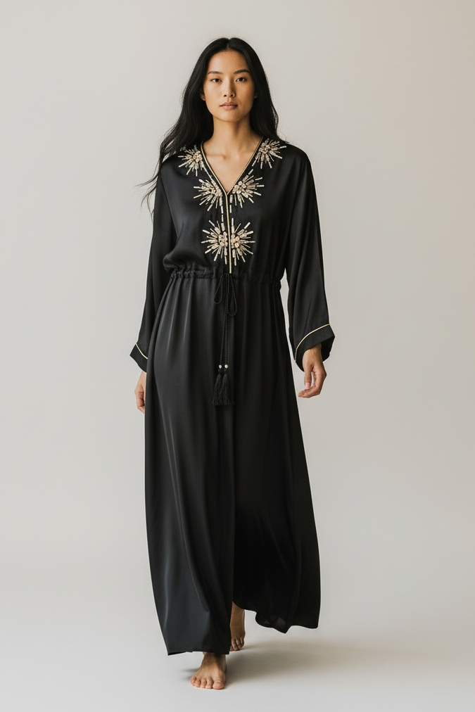 Charizma - Μάξι Καφτάνι Φόρεμα με Διακοσμητικά Στοιχεία και Ρυθμιζόμενη Μέση Μαύρο