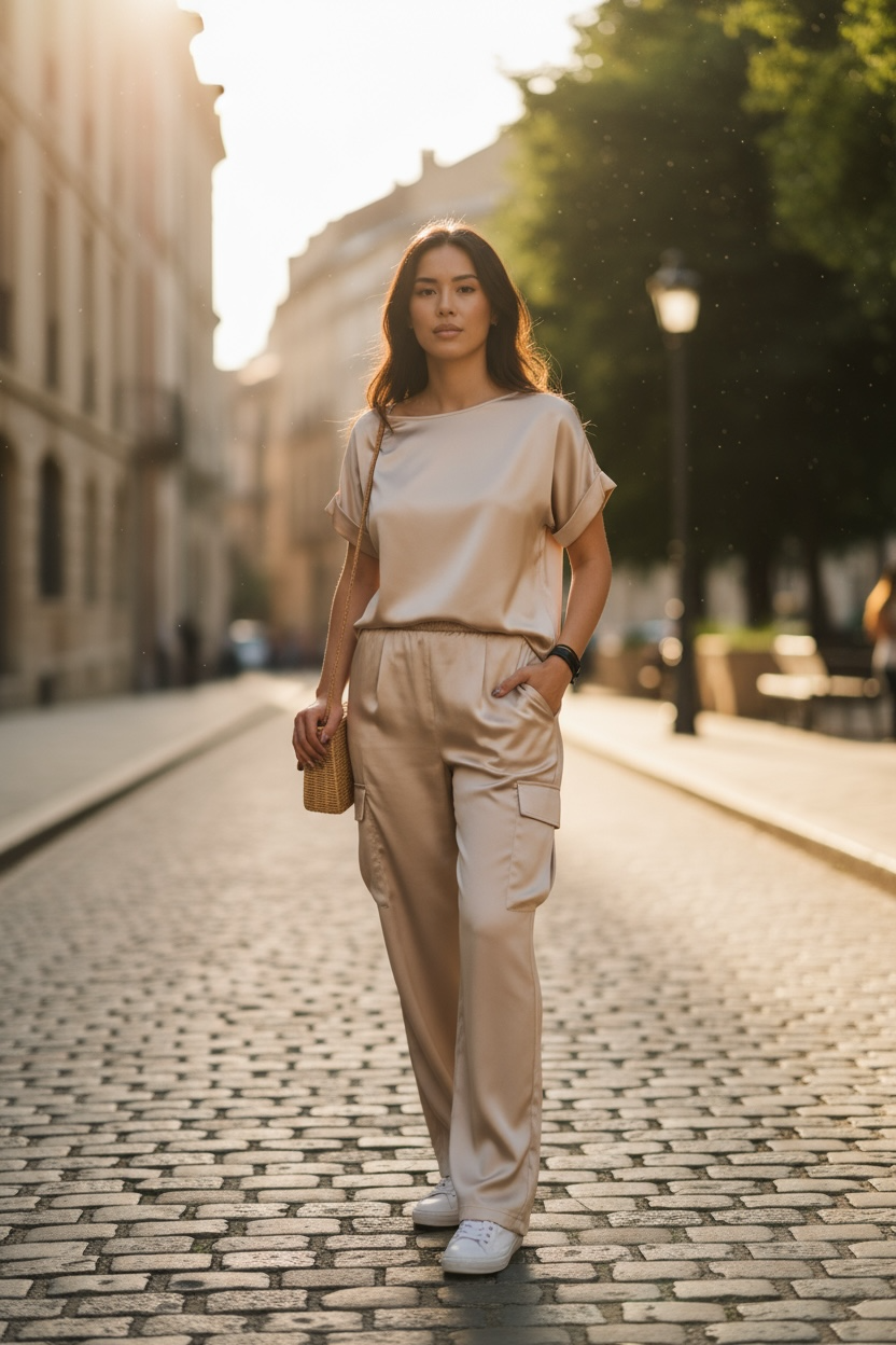 Cache Cache - Σετ Μπλούζα Σατέν & Παντελόνα Με Τσέπες Vanilla