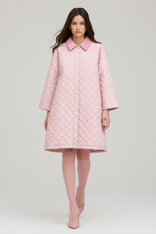Lumina - Μακρύ Καπιτονέ Παλτό με Κοτλέ Γιακά & Μανίκια Ροζ