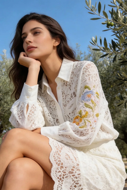 Zeta Otto - Oversized Δαντελένιο Μπεζ Πουκάμισο με Patches στα Μανίκια