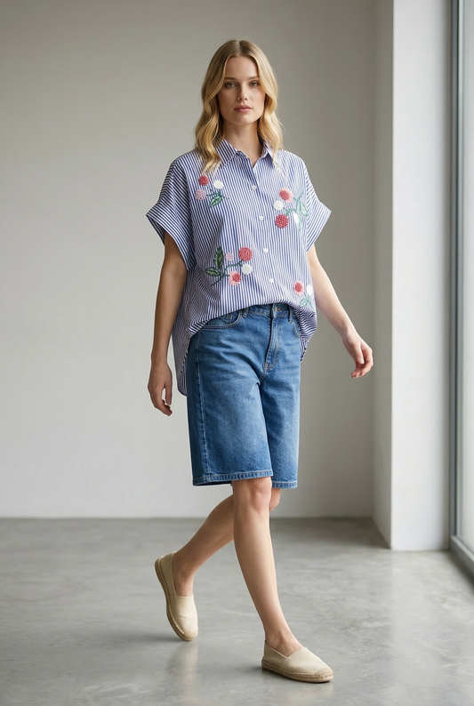 Charizma - Oversized Ριγέ Πουκάμισο με κέντηματα floral Μπλε