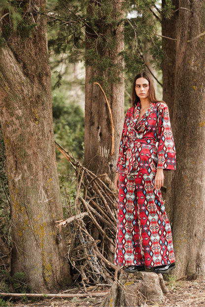 New Age - Jesica Κόκκινο Κιμονό Σακάκι Βελούδινο Με Boho Σχέδιο Και Ζώνη