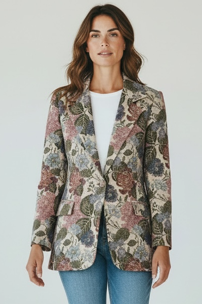 Zeta Otto - Μπροκάρ σακάκι με πέτο & στενή εφαρμογή με θέμα Λουλούδια