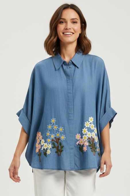 Zeta Otto - Oversized Λινό πουκάμισο με κέντημα floral φαρδιά γραμμή