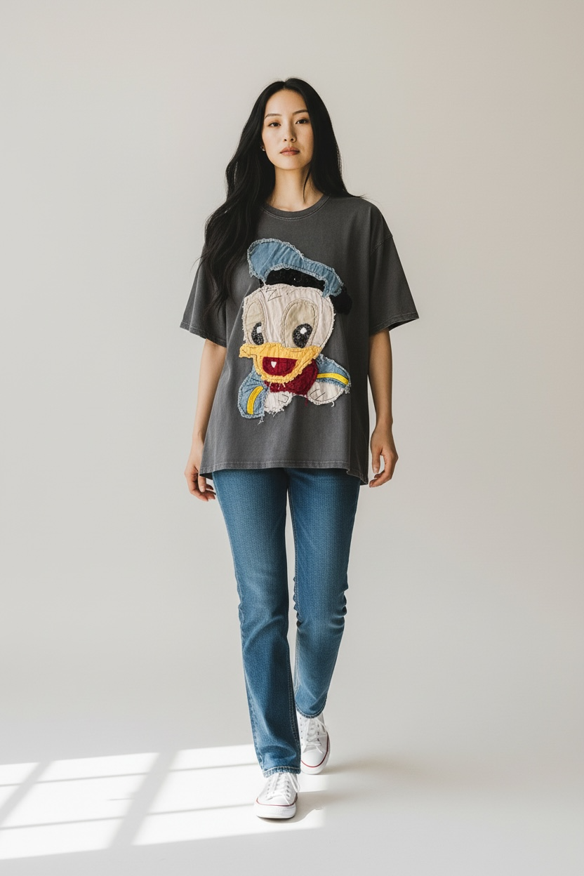 Charizma - Γκρι Oversized Unisex Βαμβακερό T-Shirt Μακό Απλικαρισμένο Σχέδιο Donald Duck