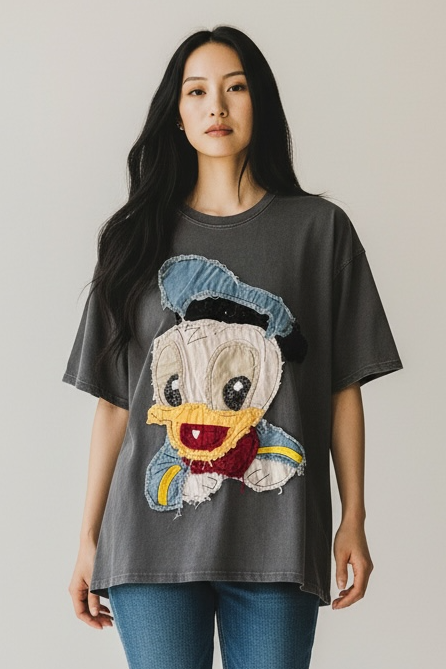 Charizma - Γκρι Oversized Unisex Βαμβακερό T-Shirt Μακό Απλικαρισμένο Σχέδιο Donald Duck