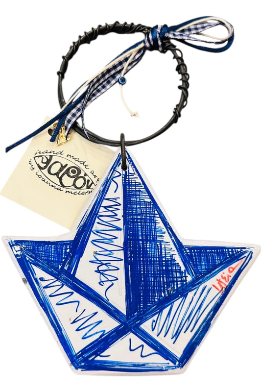 Ψαρόνι - Κεραμικό Γούρι «Χάρτινο το Καραβάκι» Μπλε