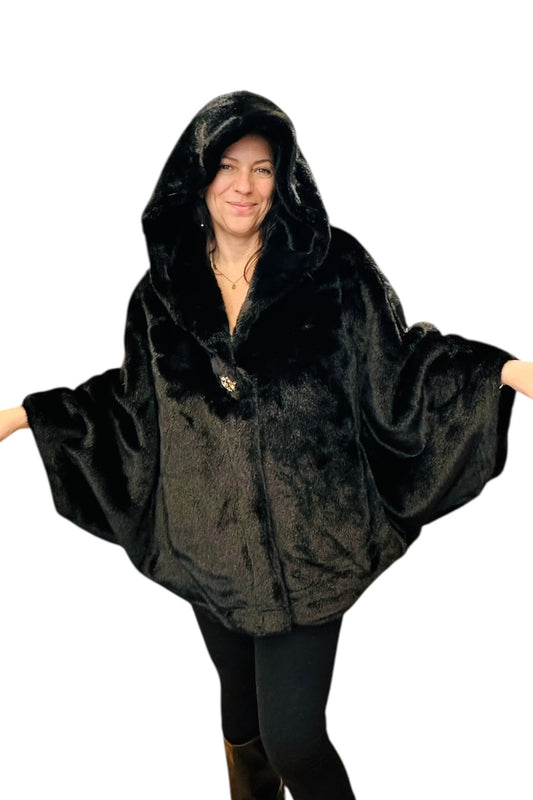Charizma - Συνθετική Γούνα με Κουκούλα, Τσέπες σε Στυλ Κάπας Μαύρη