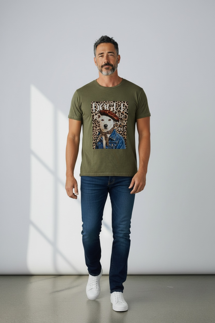 Charizma - Unisex Βαμβακερό Χακί Μακό T-Shirt Oversized με Στάμπα Dogue Paris