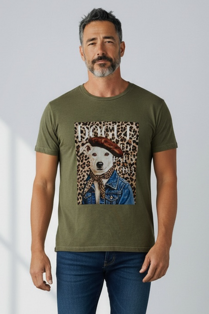 Charizma - Unisex Βαμβακερό Χακί Μακό T-Shirt Oversized με Στάμπα Dogue Paris