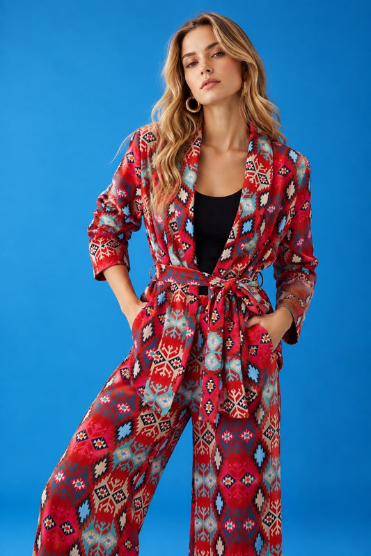 New Age - Jesica Κόκκινο Κιμονό Σακάκι Βελούδινο Με Boho Σχέδιο Και Ζώνη