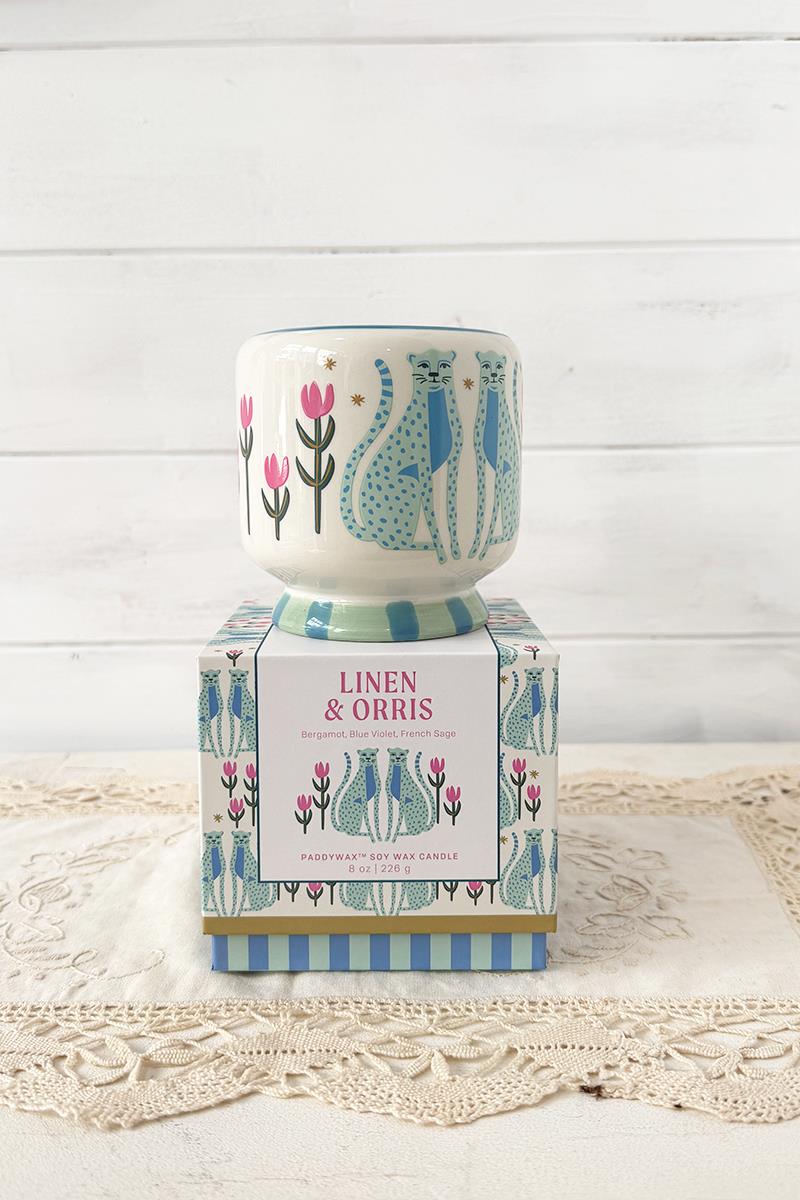 Paddywax Adopo Blue Cheetahs - Κεραμικό κερί σόγιας, Linen & Orris 226gr & Σπίρτα 75 τεμ