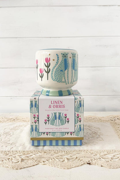 Paddywax Adopo Blue Cheetahs - Κεραμικό κερί σόγιας, Linen & Orris 226gr & Σπίρτα 75 τεμ