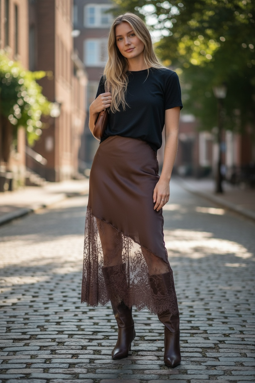 Charizma - Σατέν Μακριά Φούστα με Δαντέλα Διαγώνια στο Τελείωμα Καφέ