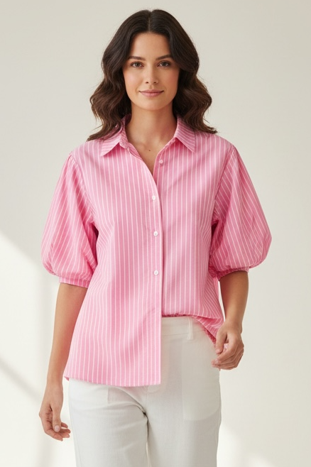 Zeta Otto - Ριγέ ροζ βαμβακερό πουκάμισο με balloon μανίκια & στενή εφαρμογή