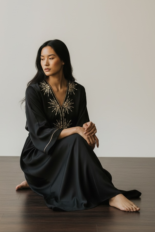 Charizma - Μάξι Καφτάνι Φόρεμα με Διακοσμητικά Στοιχεία και Ρυθμιζόμενη Μέση Μαύρο