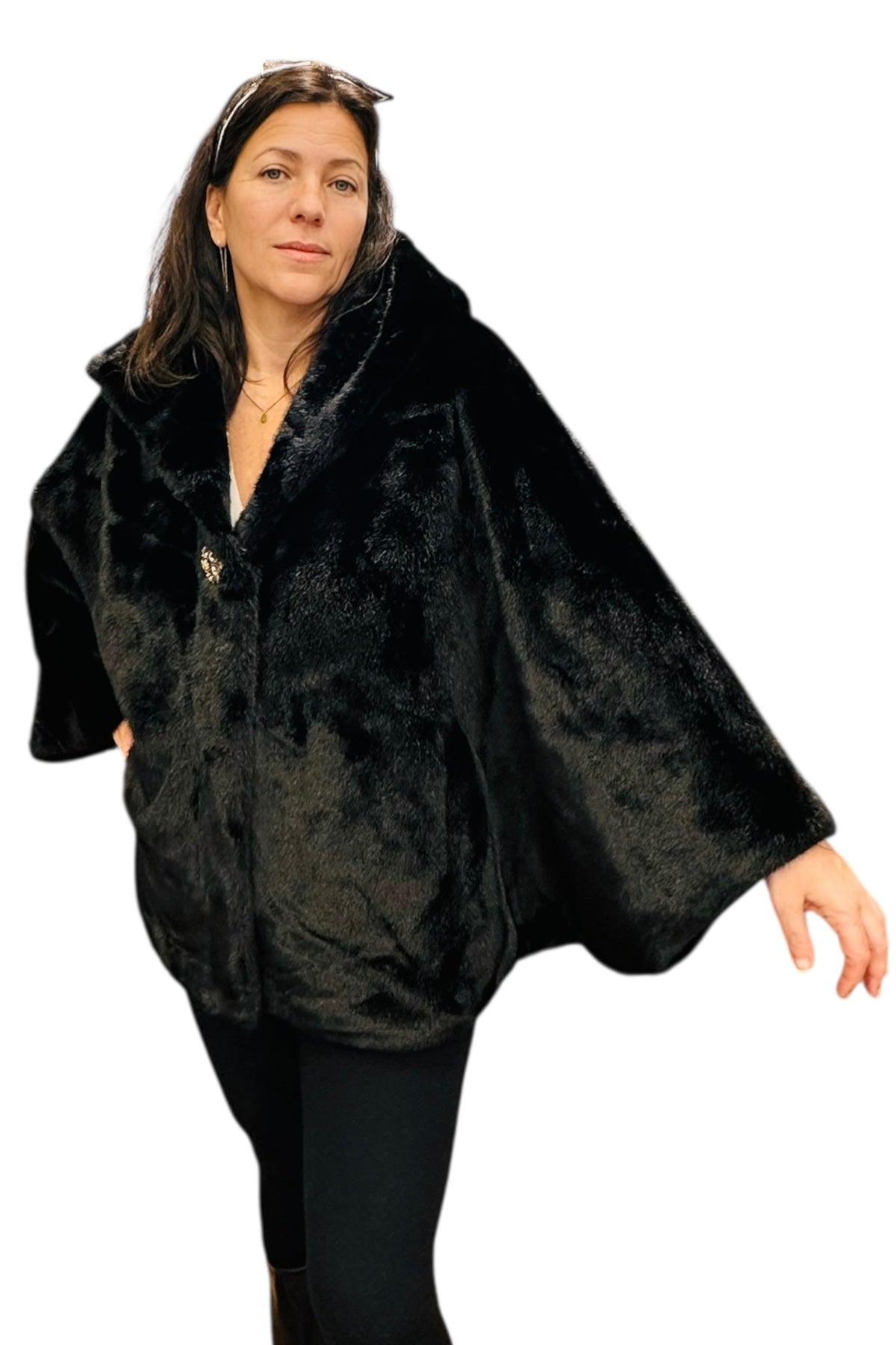 Charizma - Συνθετική Γούνα με Κουκούλα, Τσέπες σε Στυλ Κάπας Μαύρη