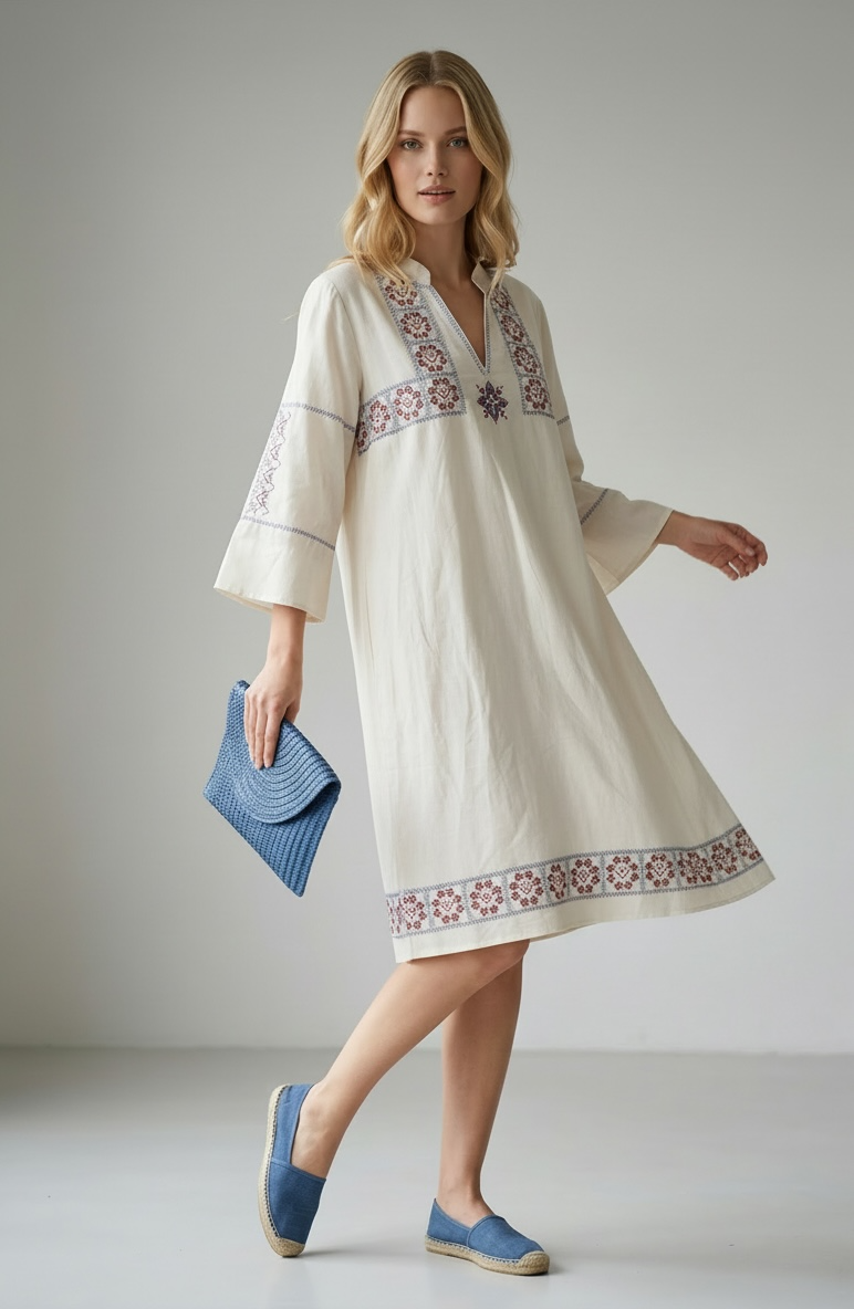 Charizma - Boho φόρεμα με γαλάζια και κόκκινα κεντήματα