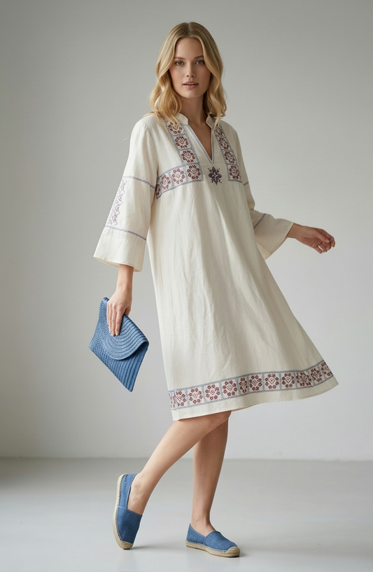 Charizma - Boho φόρεμα με γαλάζια και κόκκινα κεντήματα