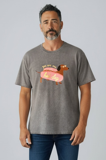 Charizma - Unisex Βαμβακερό Γκρι Μακό T-Shirt Oversized με Στάμπα Hot Dog