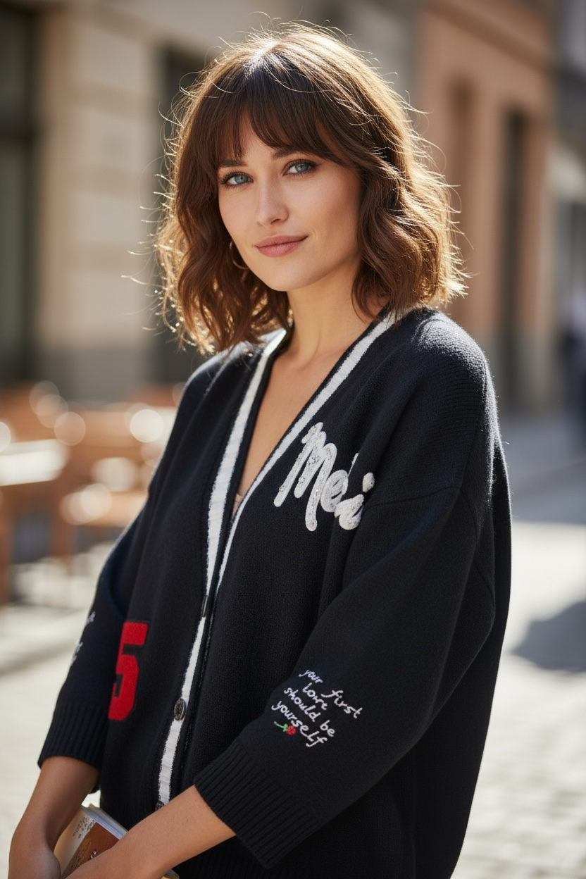 Eighty2 by Figaro - Μαύρη Oversized Ζακέτα με Μαύρη Ρίγα και Κεντημένο "LOVE" στην Πλάτη