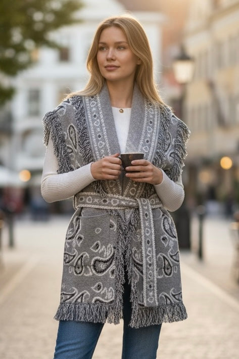 Orlinn - Αμάνικη Ζακέτα Boho Chic με Κρόσσια & Ζώνη Γκρι