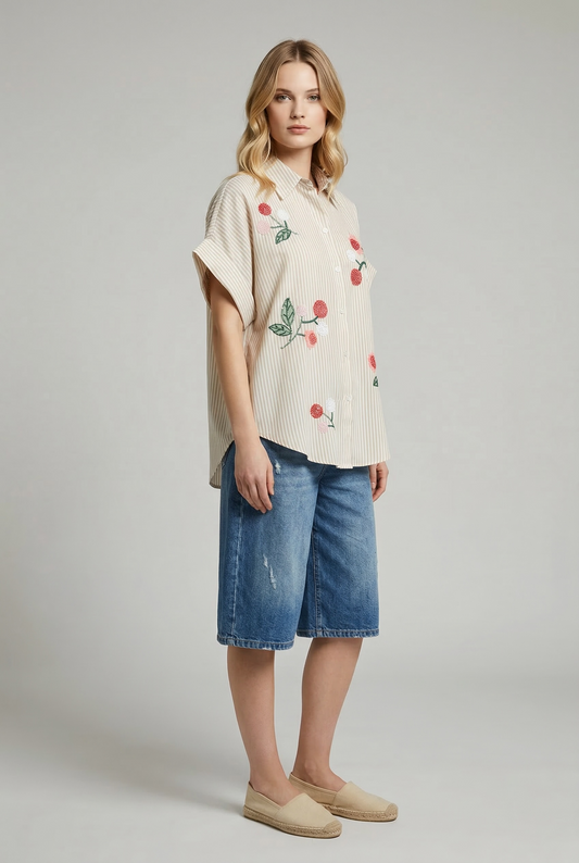 Charizma - Oversized Ριγέ Πουκάμισο με κέντηματα floral Μπεζ