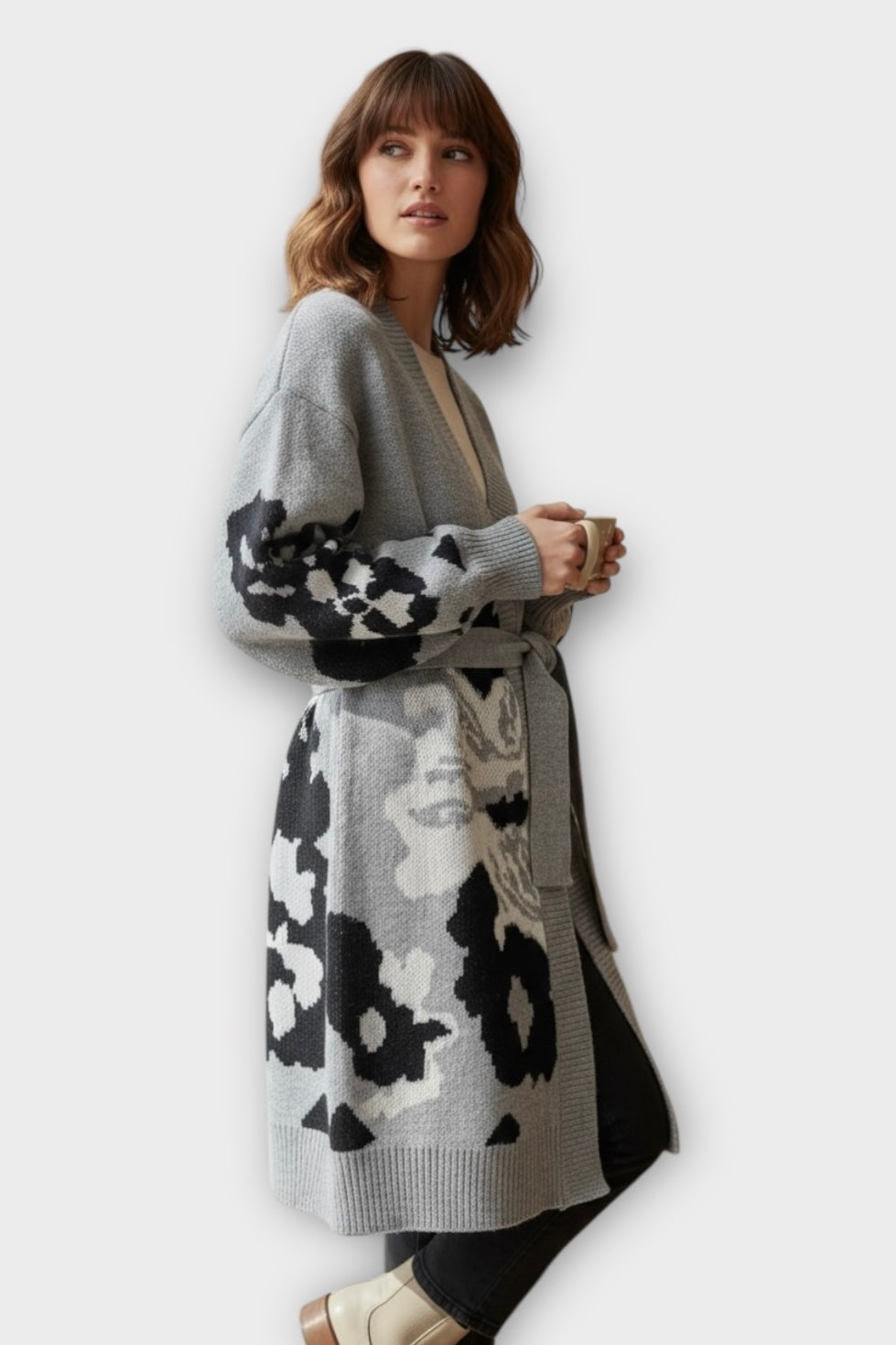 Figaro - Πλεκτή Μακριά Ζακέτα Belted Knit Γκρι