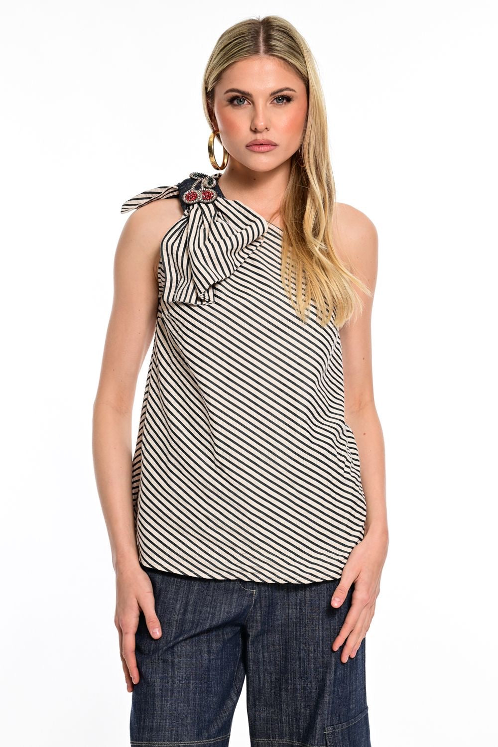 We Coss - Ριγέ One Shoulder Top με Τζιν & Διακοσμητικό με στρας